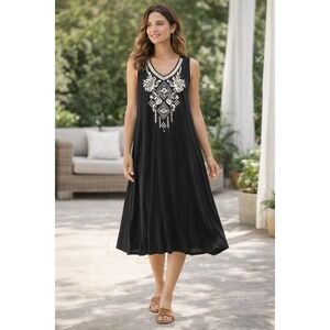 Caite Embroidered Midi Dress Women Medium Black Cotton V-Neck Sleeveless Boho